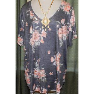 Plus size women's size 6XL pink roses print stretch blend top pull over unbrande